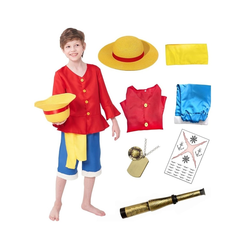 Kids Luffy Anime Pirate Costume Set Red Top Blue Shorts Straw Hat Size 130 US 8